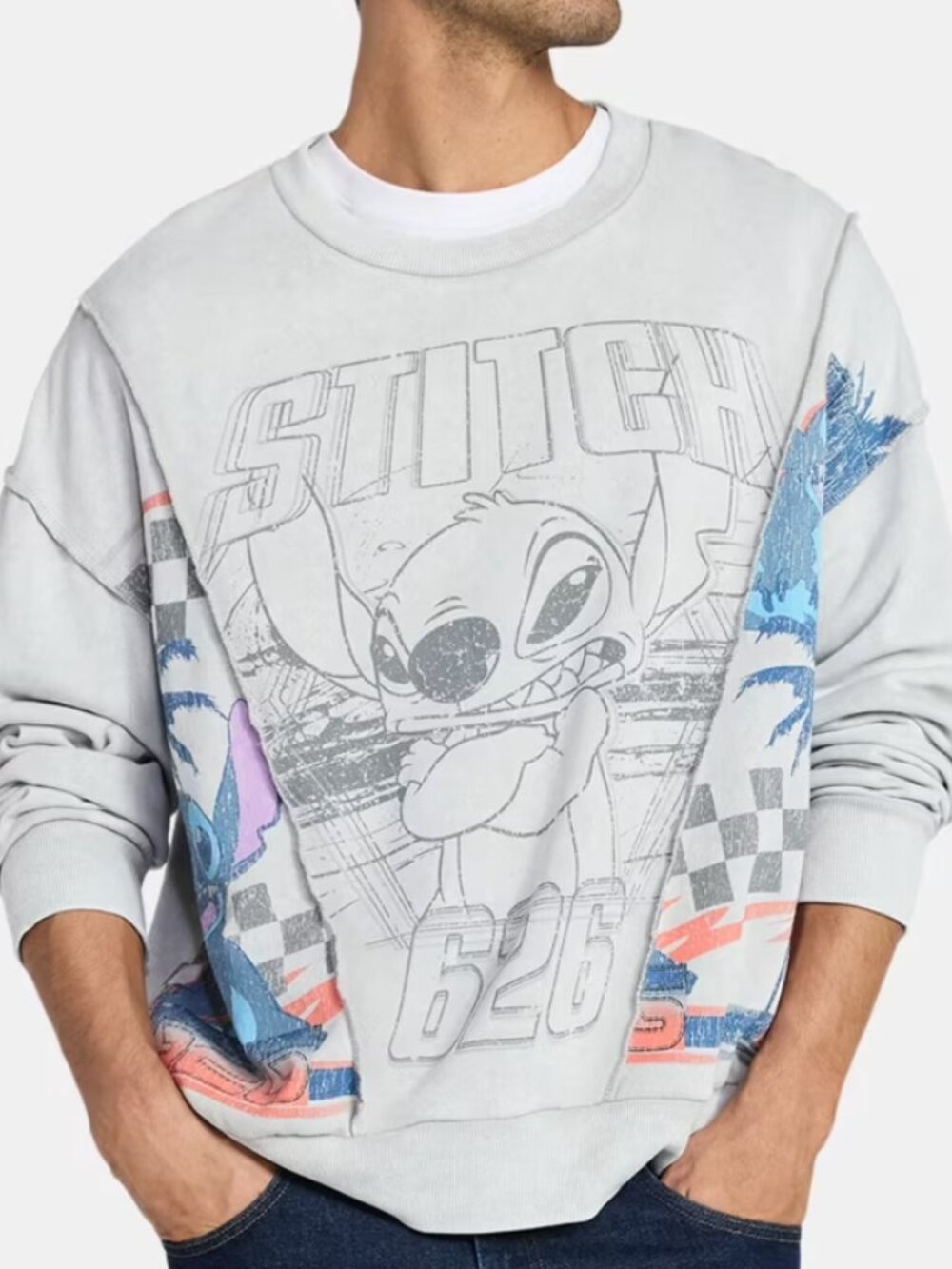 Disney Stitch Men's Crew Neck Long Sleeve Pullover Sweatshirt, Gray, 2XL NWOT